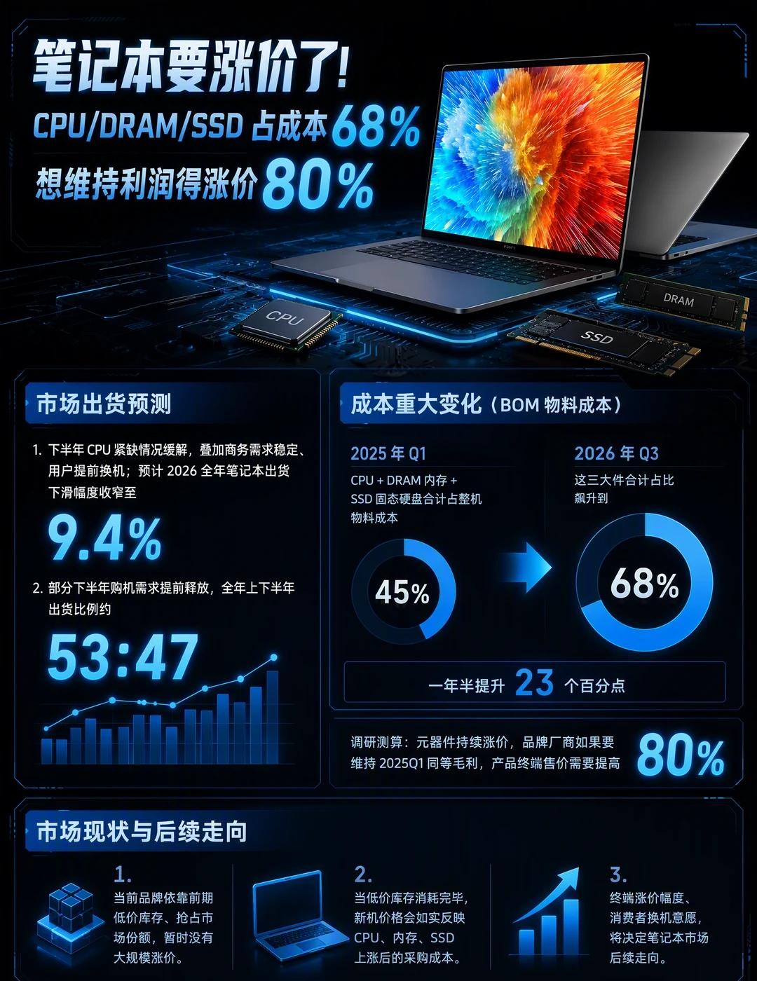 笔记本要涨价了⚠️三大件成本占比飙到 68%
📊市场出货预测
▪下半年 CPU