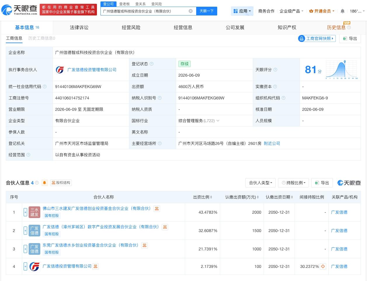广发证券等在广州成立合伙企业 出资额4600万
天眼查App显示，近日，广州信德