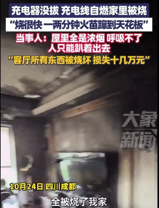 充电器没拔家被烧 电视被烧爆 当事人：损失十几万
近日，四川成都一名男子通过社交