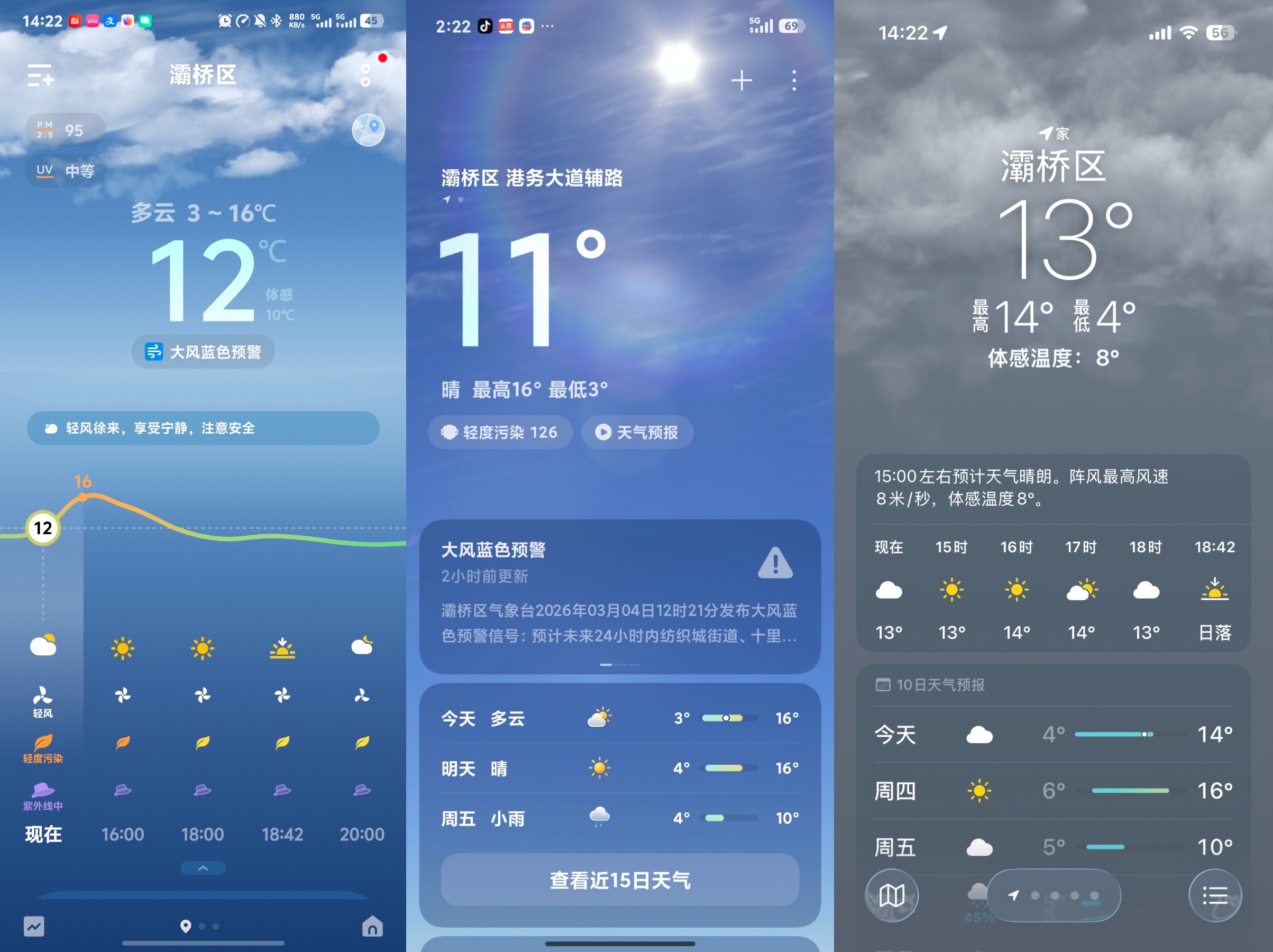 从左到右：依次vivo/小米/iPhone大家觉得谁家的天气UI做的更好？小米手