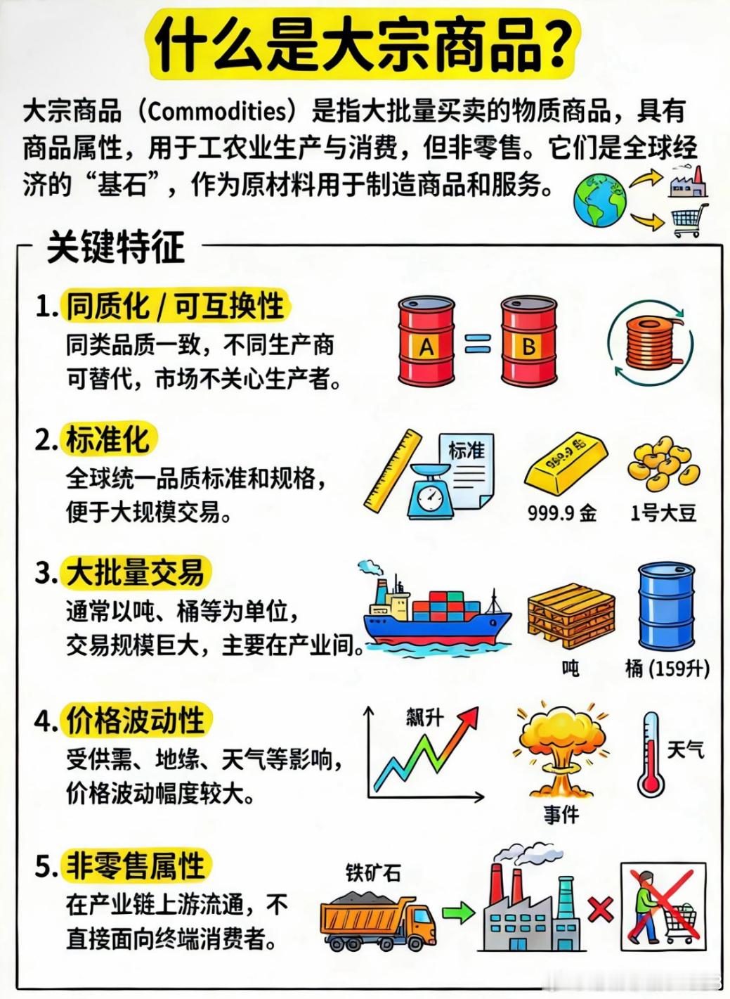 大宗商品都包括什么？  简单说就是工业和生活的基础原材料，不是超市零售品，而是以