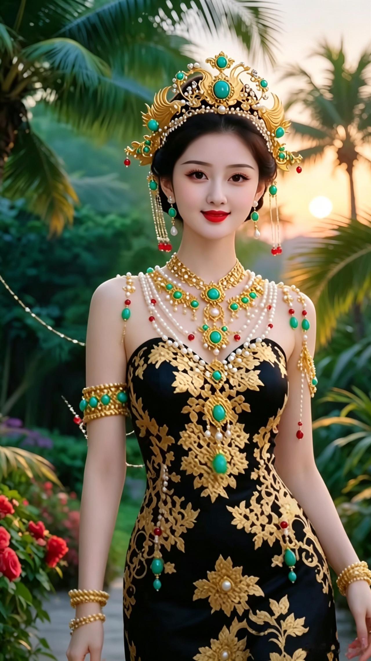 华饰佳人
宝冠耀彩嵌珠珍，玉坠流光绕体身。
锦袂金纹彰贵气，碧妆层叠映佳人。
翠