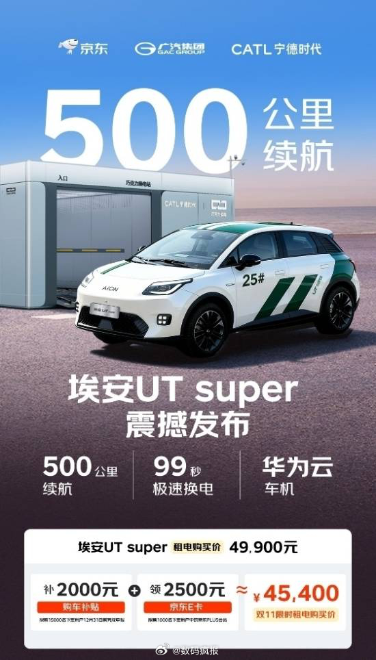 埃安UT super来了电池租用购车价4.99万（双十一价4.54万）整车购买价