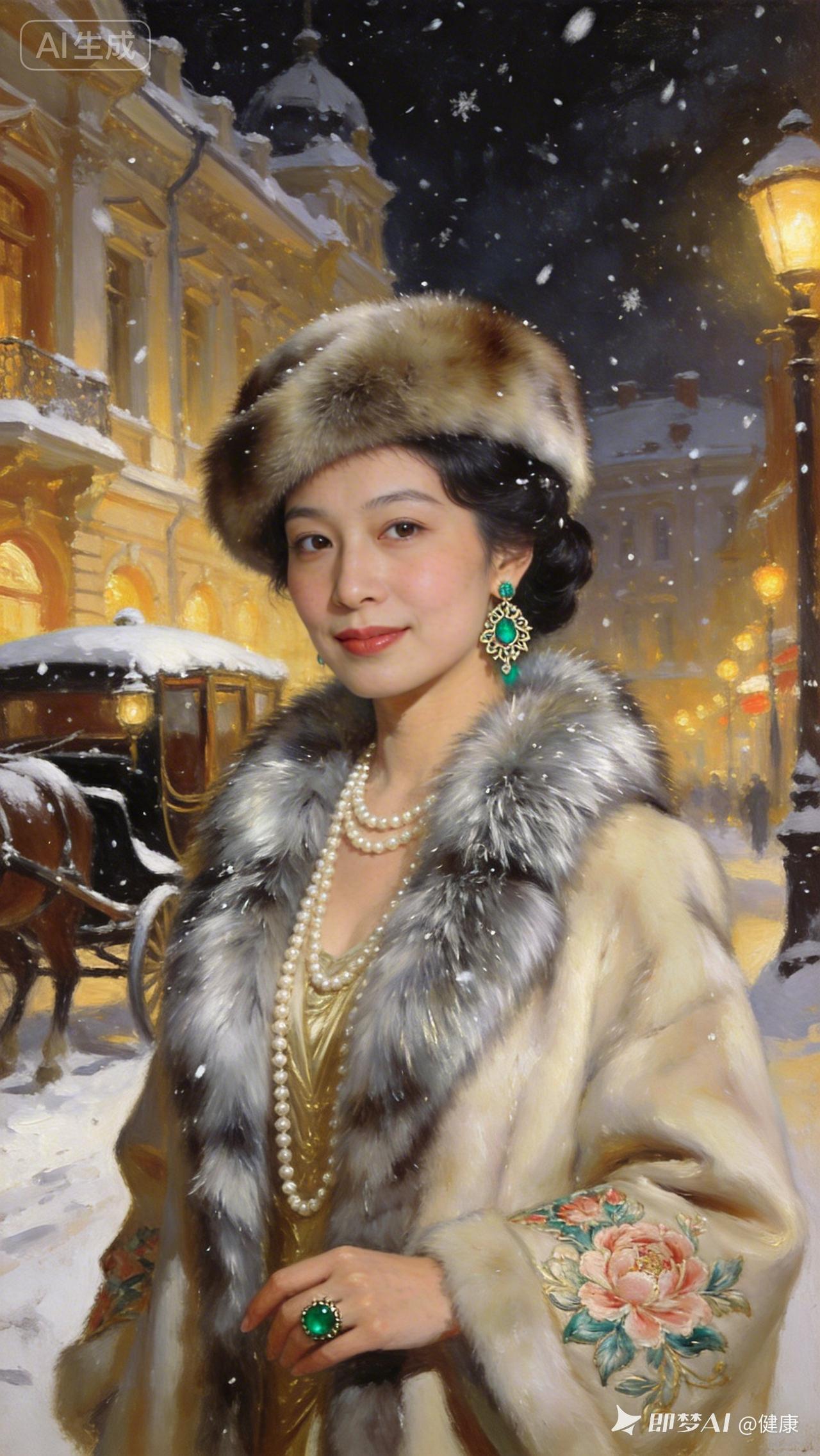 冬日雪景中的优雅女郎，复古装扮尽显高贵气质。