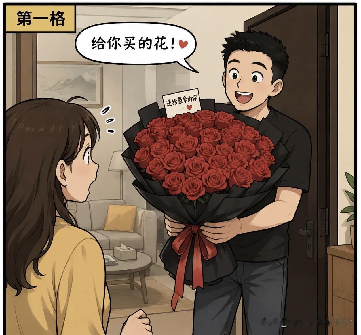 趣味漫画：老公突然买了一大束玫瑰回家。老婆感动：“今天什么日子？”老公：“没什么