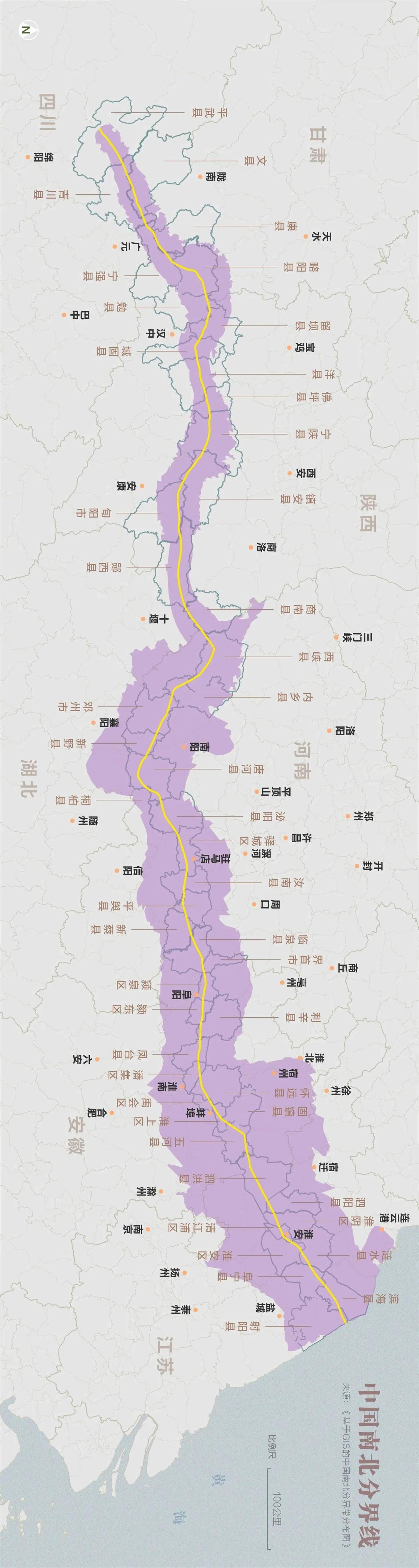 中国南北分界线的城市分布图，手机横屏放大观看，建议收藏起来。

秦岭‑淮河一线自