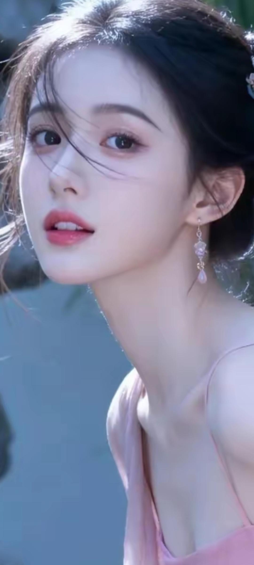 温柔甜美的少女，粉色吊带裙，微风轻拂发丝，梦幻般的氛围。