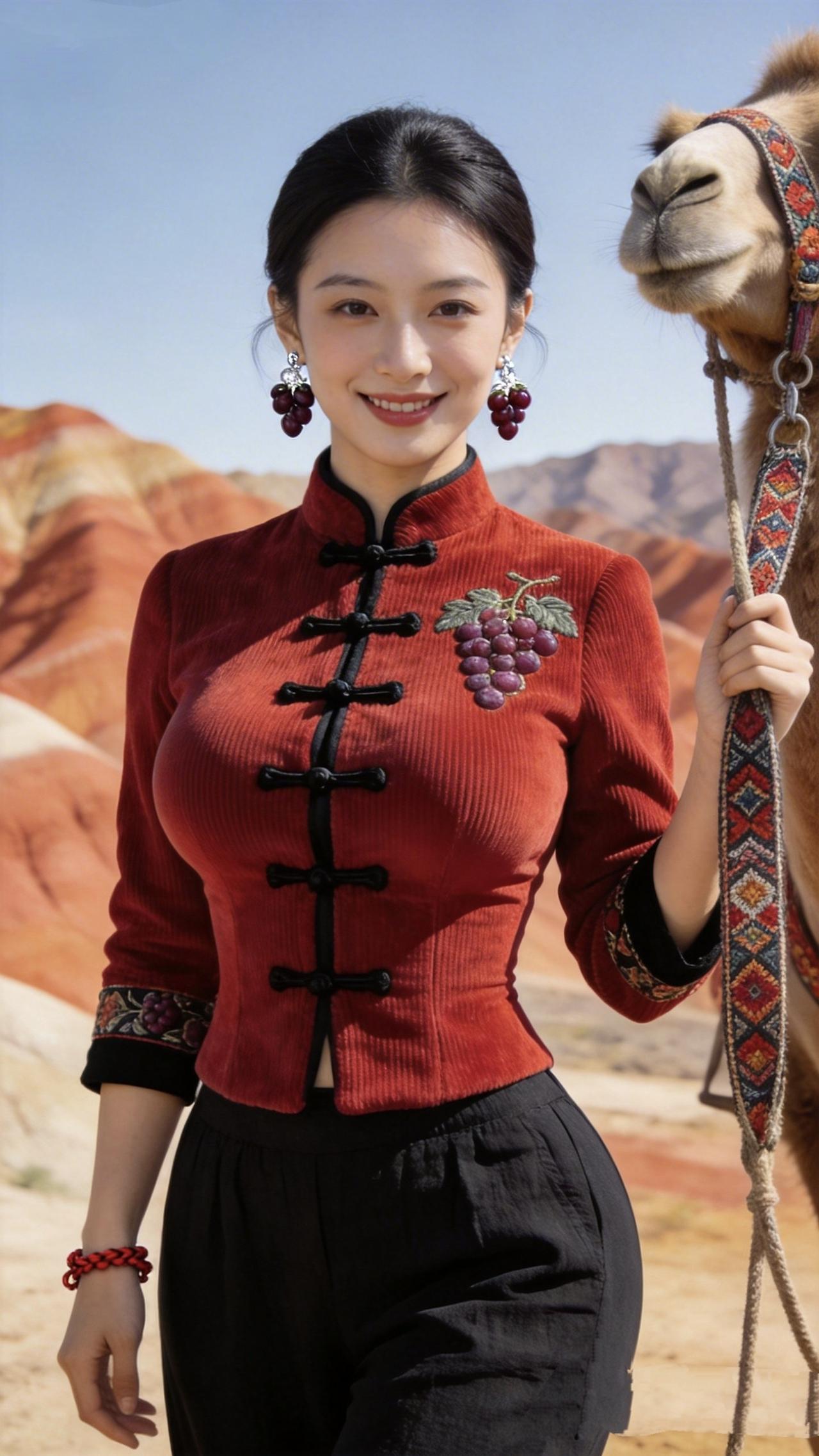 《丹霞驼铃，红衣寄长风》
 
赤土铺成万里长卷
风卷着沙粒，吻过你眉弯
红衫立领