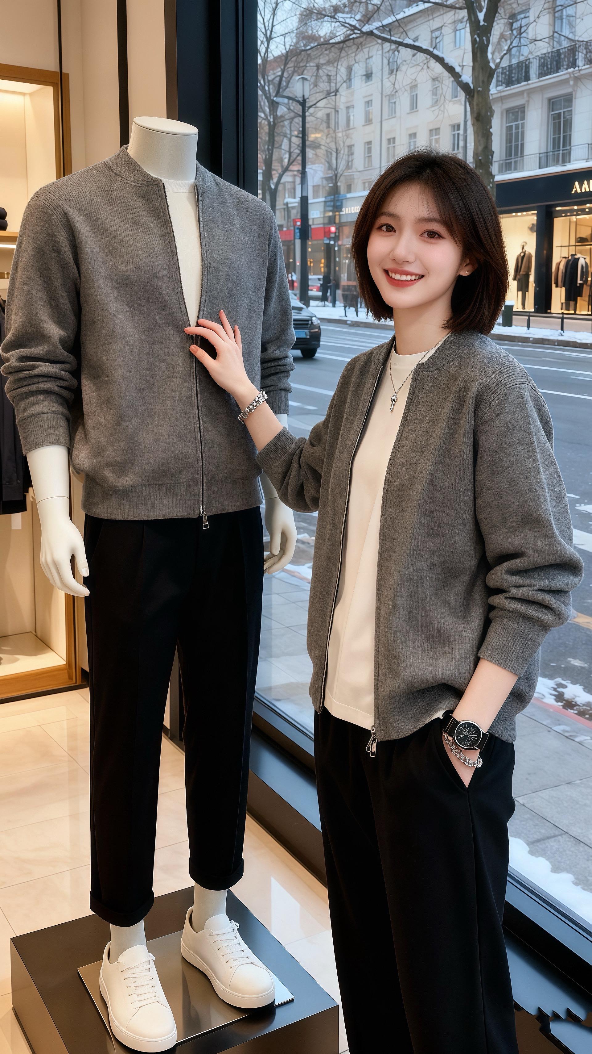 冬雪落满橱窗那天，我在男装店撞见苏晚——她裹着浅卡其针织开衫，白内搭衬...