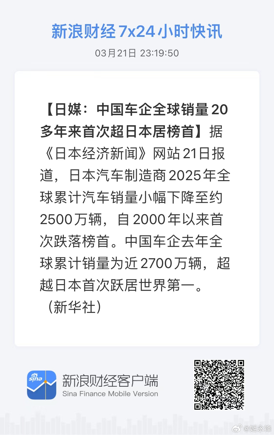日媒：中国车企全球销量20多年来首次超日本居榜首 