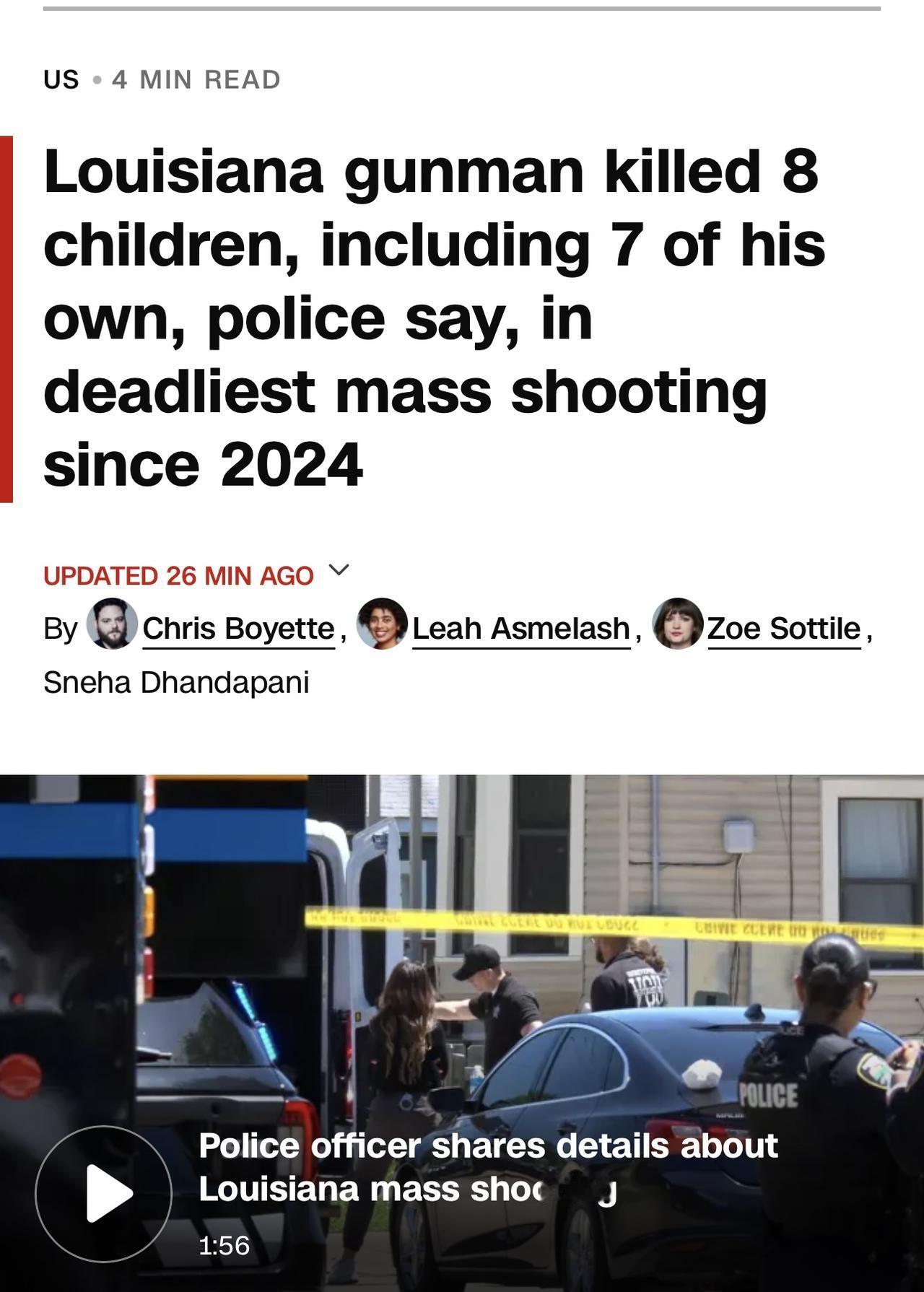 惨绝人寰，美国发生父杀子灭门惨案

据美国警方称，当地周日早些时候，一名男子在路