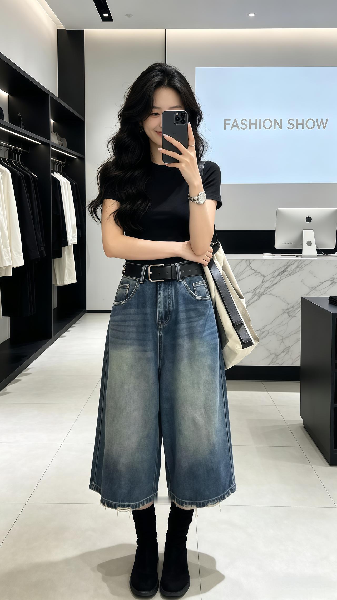 阔腿牛仔穿搭 复古时尚阔腿牛仔裤 夏季穿搭穿搭韩系穿搭