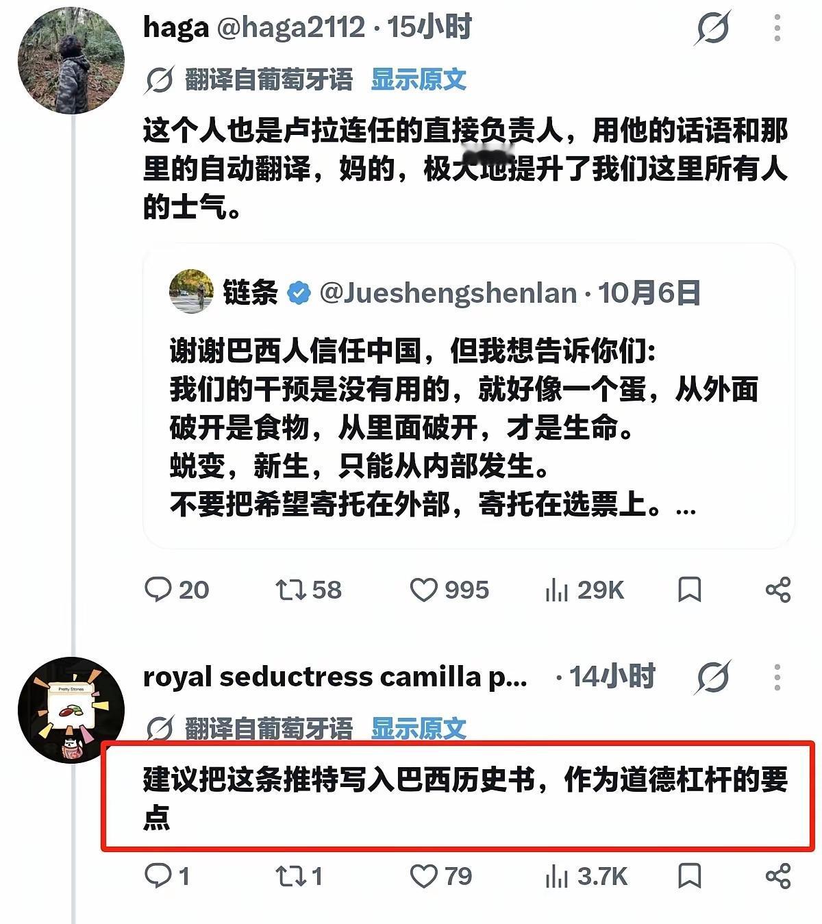 不少巴西人认为，正是中国网友的一条推文鼓舞了众人，助力卢拉当选总统。这条推文本身