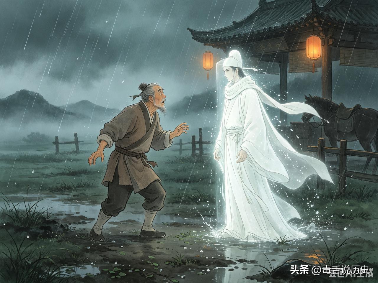他停下脚步，转头望去。巷口站着一个穿白衣的人，身形瘦削，在雨中也不躲，就那么直直