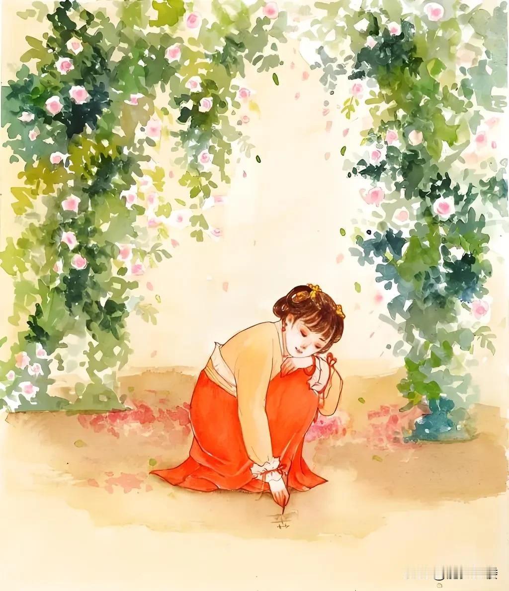 蔷薇架下，龄官在地上无休无止，成百上千次重复地画着什么，贾宝玉按照笔顺在手上划了