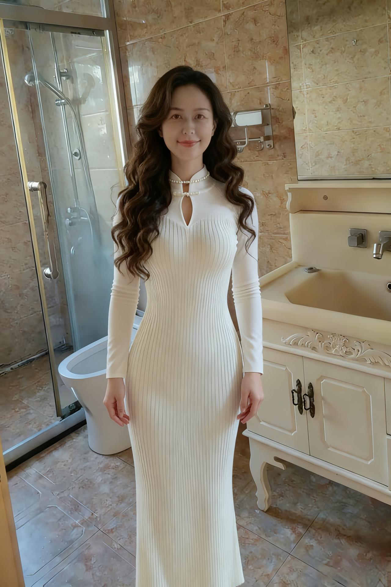 洗漱间中美娇娘，明眸善睐裙摆长。
轻撩云鬓淡匀粉，镜中倩影自芬芳。