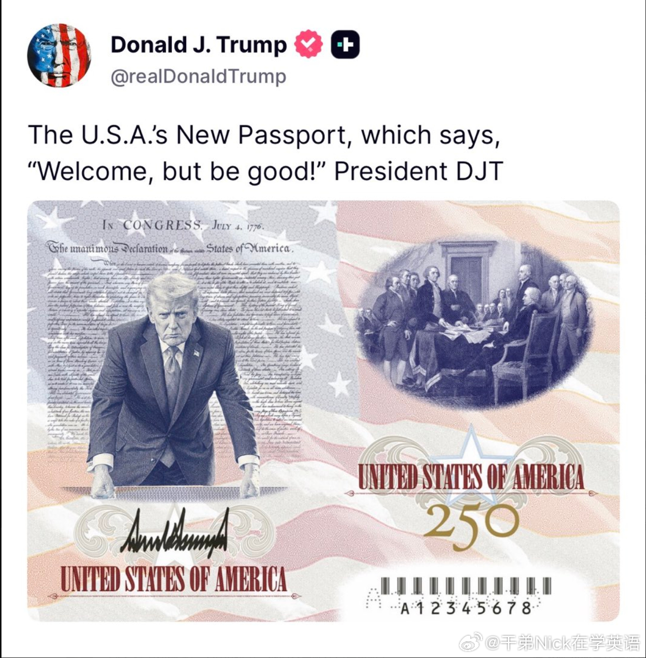 特朗普发布新美国护照设计图片，上面写着，“欢迎，但要乖”海外编译精选热点现场