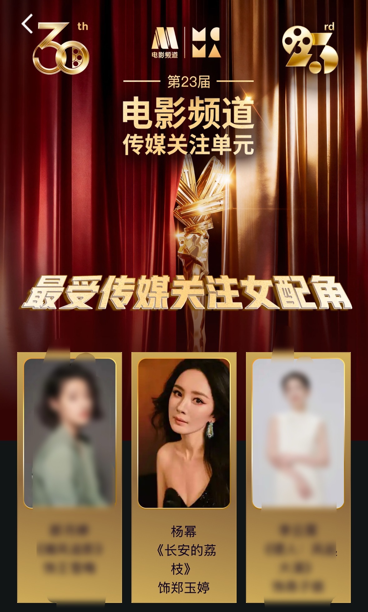 杨幂凭借《长安的荔枝》郑玉婷一角入围第二十三届电影频道传媒关注单元最受传媒关注女