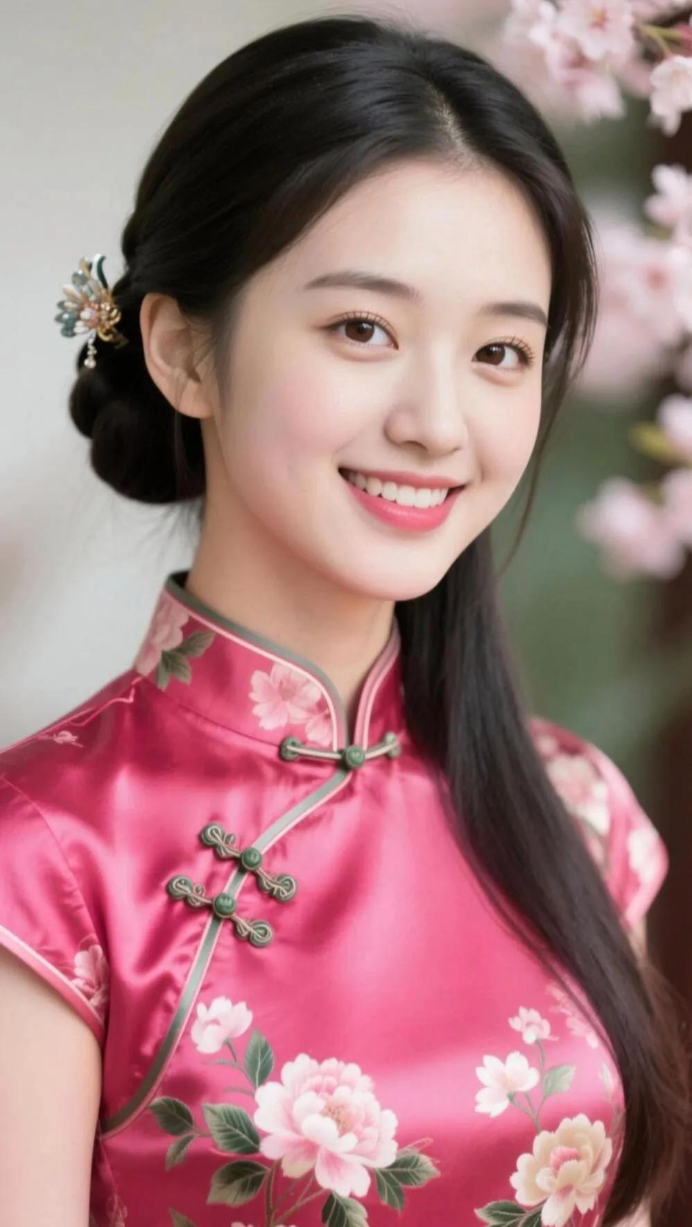 优雅旗袍少女，笑靥如花，粉嫩樱花映衬，尽显东方韵味。