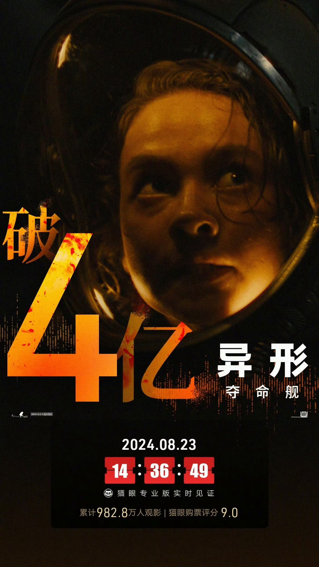 #异形夺命舰票房破4亿# 根据猫眼专业版数据， 《#异形:夺命舰# 》中国内地总
