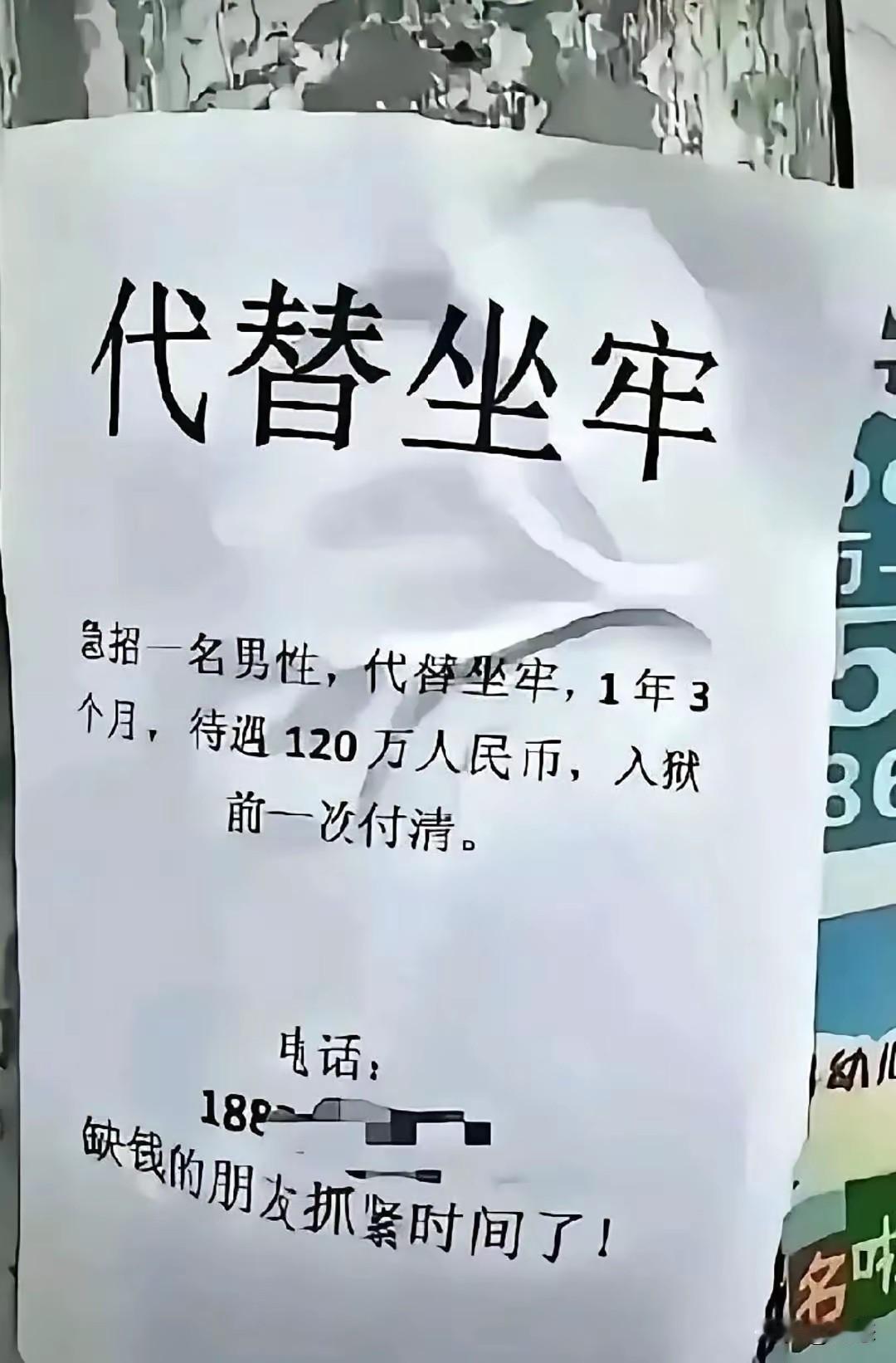 代替坐牢，不敢相信居然有这样的广告，代替坐牢，1年3个月，待遇120万人民币，入