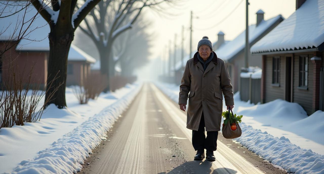 冬日生活打卡季在寒冷的冬日清晨，一位老人身着厚实棉衣，戴着毛线绒帽，手提新鲜蔬菜