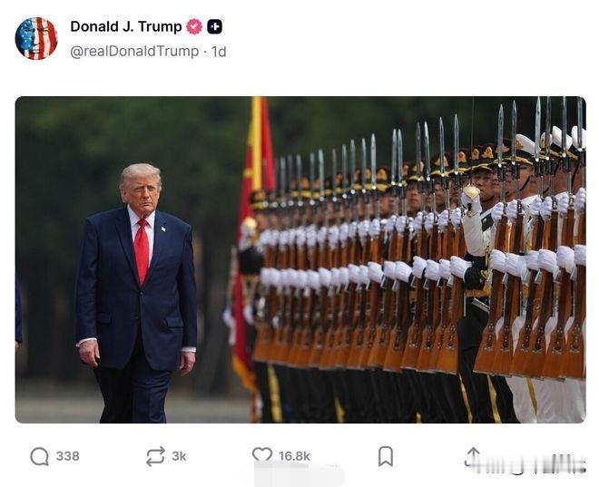 访问中国的后劲还在。

特朗普在发检阅仪仗队照片；白宫在发天坛视频；彭博在发黄仁
