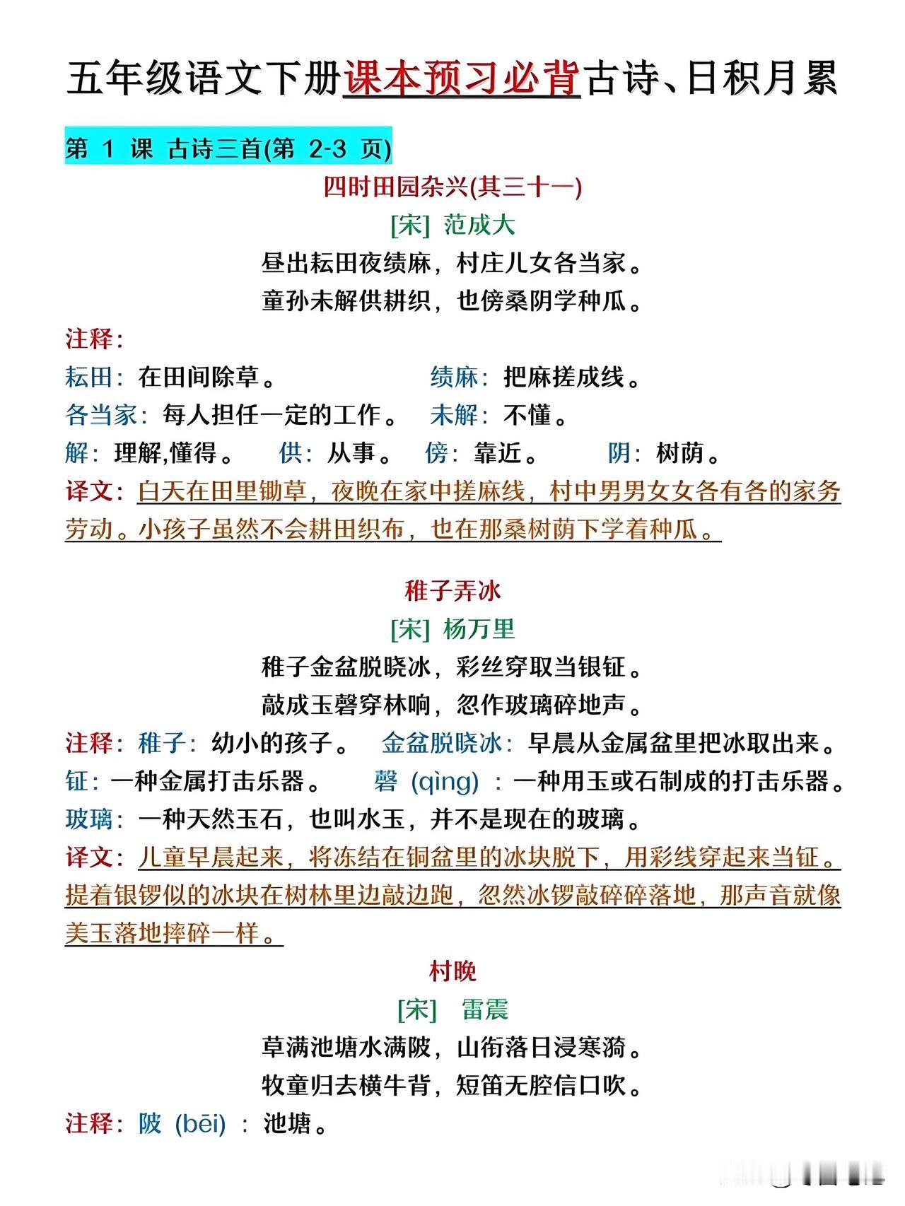 五年级下册语文课本必背古诗词、日积月累+五年级下册数学课本重点知识解析，新学期抓