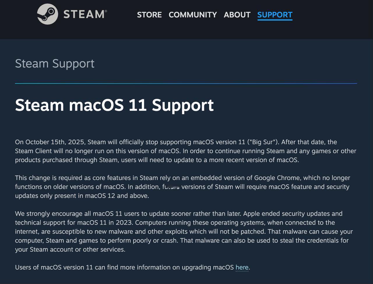 Steam 将于 2025 年 10 月 15 日停止支持 macOS 11 B