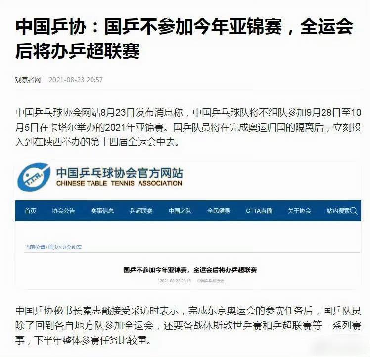 乒协同意王楚钦等放弃亚锦赛选拔资格 2021年亚锦国乒全部没参加，为了备战休斯顿