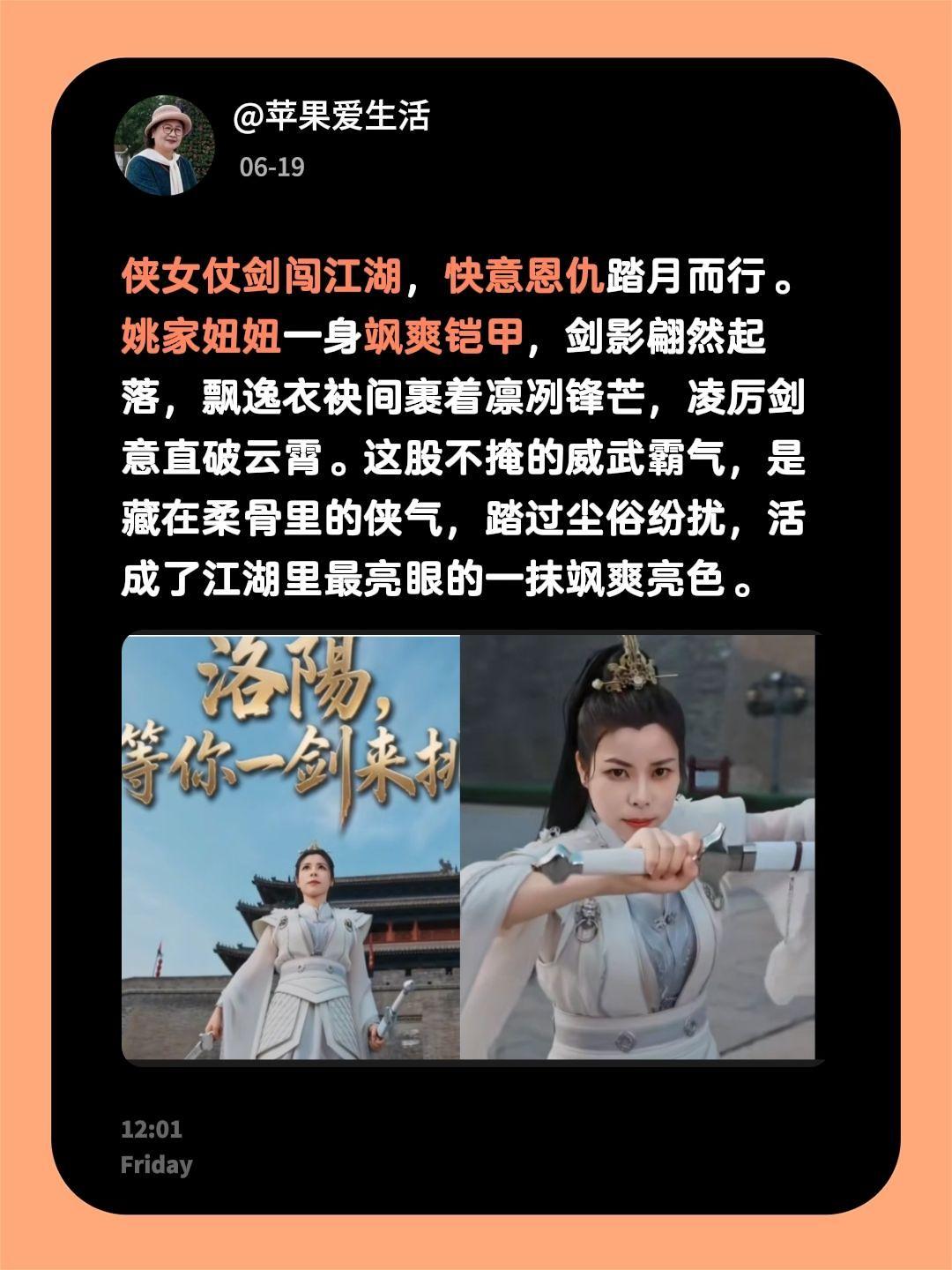 侠女仗剑闯江湖，快意恩仇踏月而行。姚家妞妞一身飒爽铠甲，剑影翩然起落，飘逸衣袂间