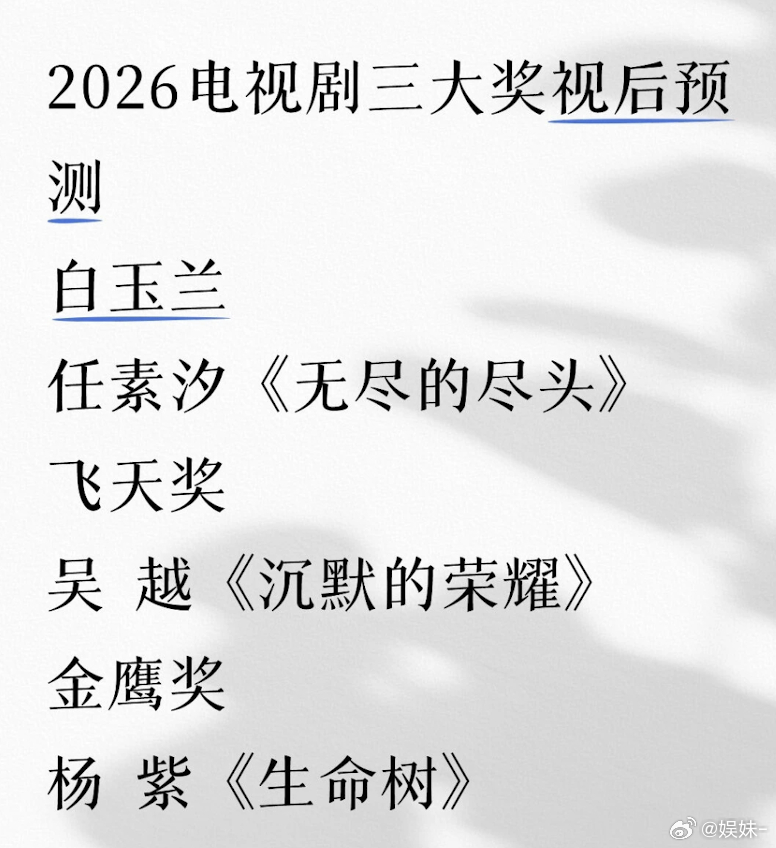 我是看好杨紫会拿白玉兰，再提名就4次，结合最近时政热点，她几率最大 