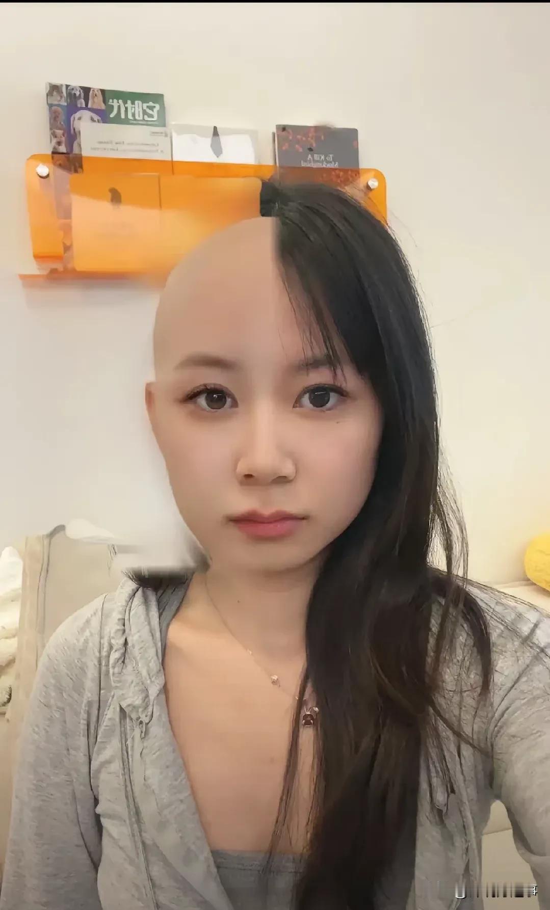 妥妥的美女，硬要搞个阴阳头。
女子本来长的挺好的，是心血来潮，还是搭错了神经，花
