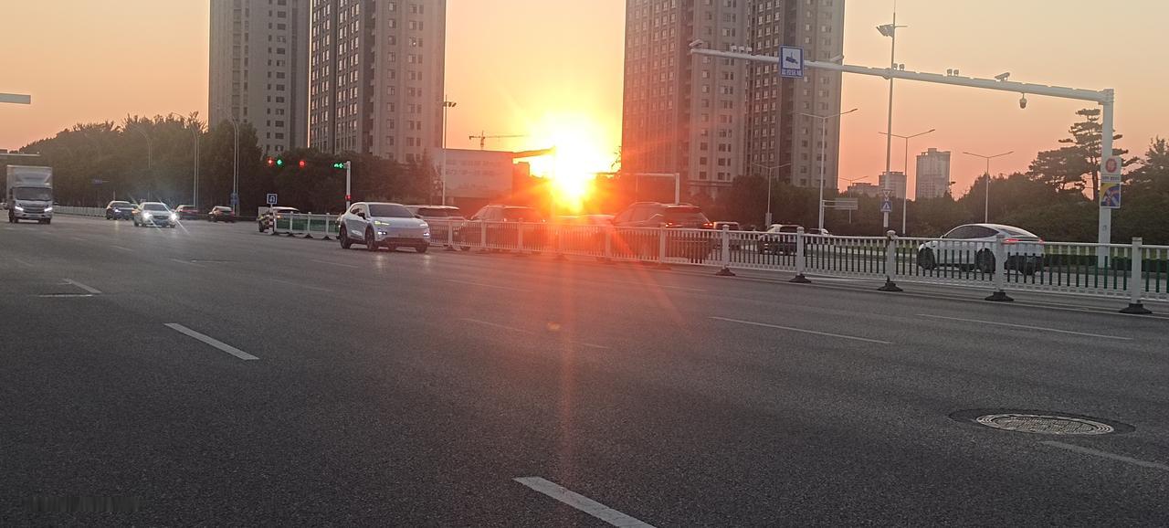 落日归途，平安同行
 
傍晚时分，夕阳悬在城市楼宇之间，暖融融的金光铺满宽阔的马