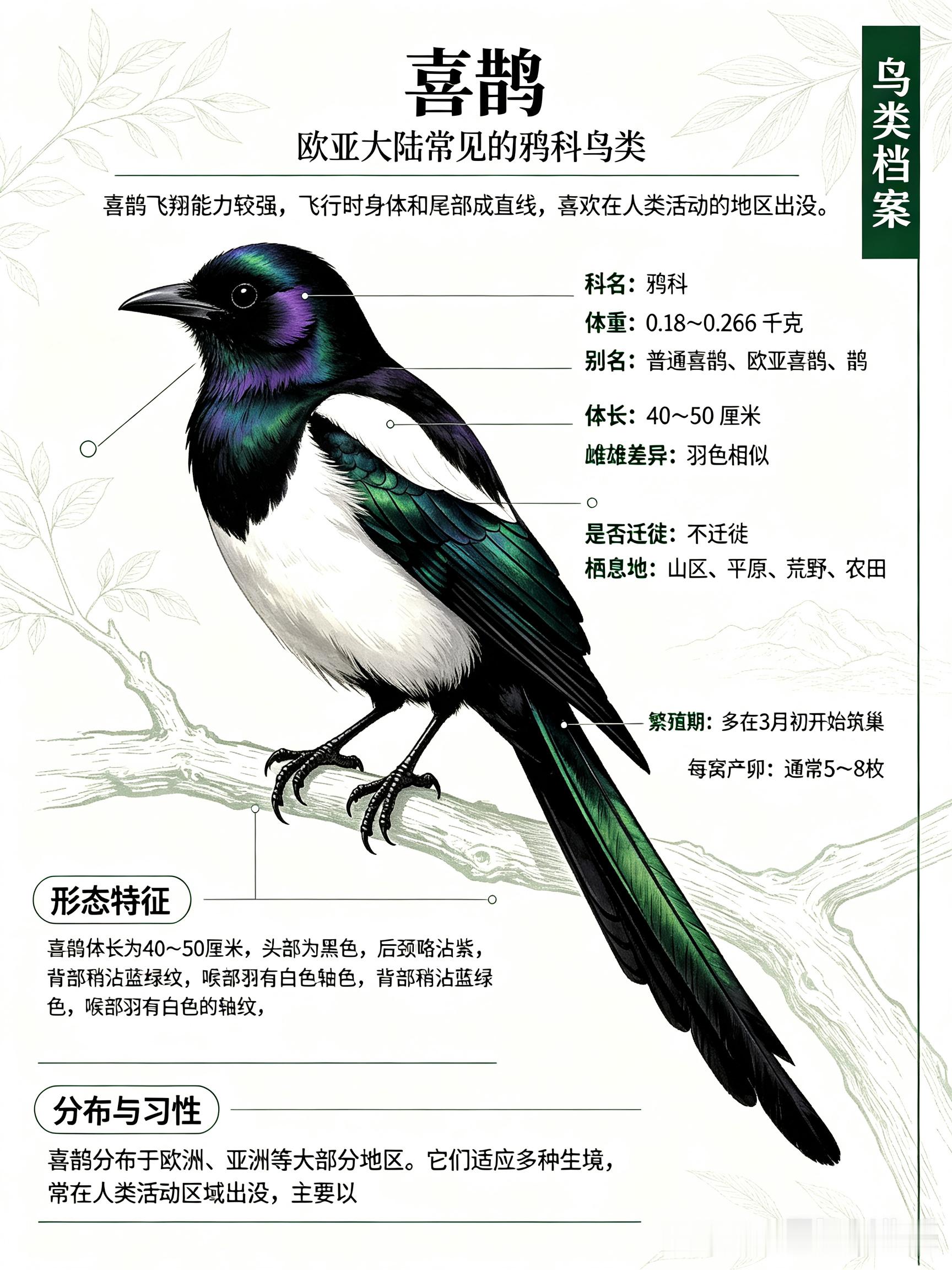 鸟类朋友图鉴 喜鹊科名：鸦科体重：0.18～0.266千克别名：普通喜鹊、欧亚喜