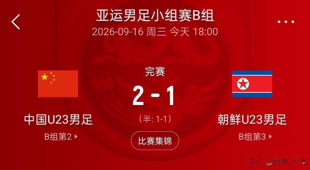 U23男足小组赛，中国队2-1逆转朝鲜。值得一提的是，还是得靠老将发挥，吴曦助攻