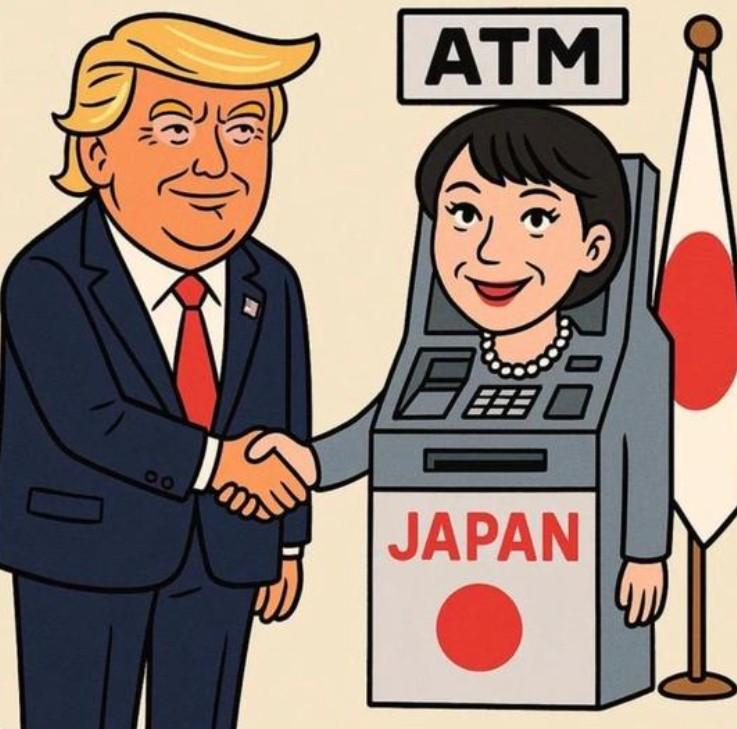 这幅漫画解释了为什么高市必须亲美，特朗普为什么力挺高市，
如果不能从日本那里提款