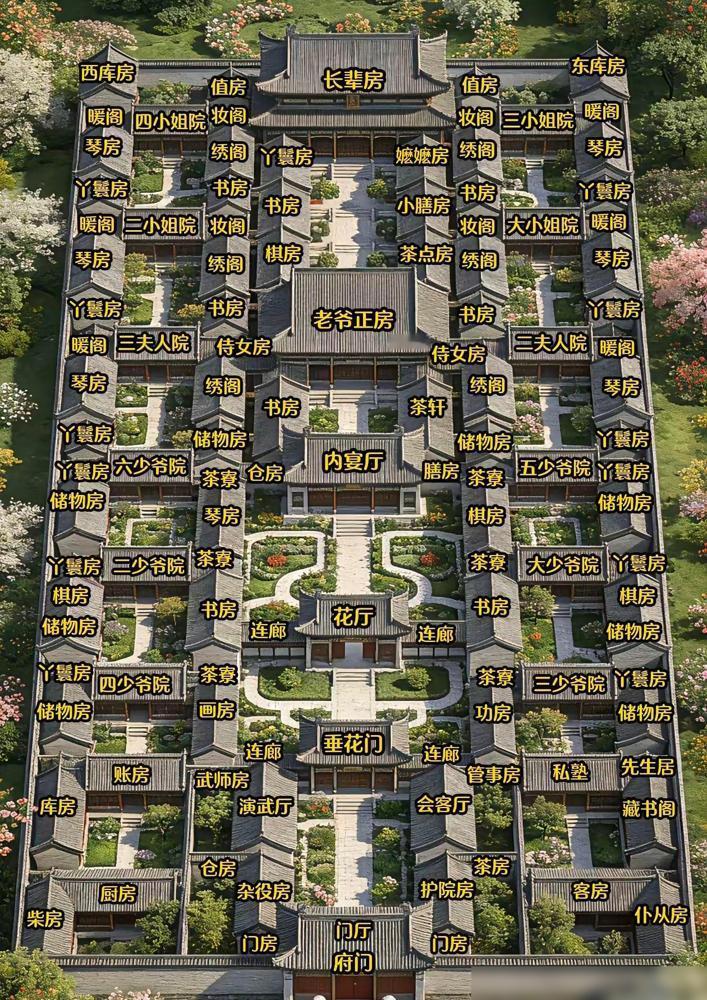 古代侯府100亩左右，国公府150亩左右，郡王200亩左右，亲王300亩左右，有