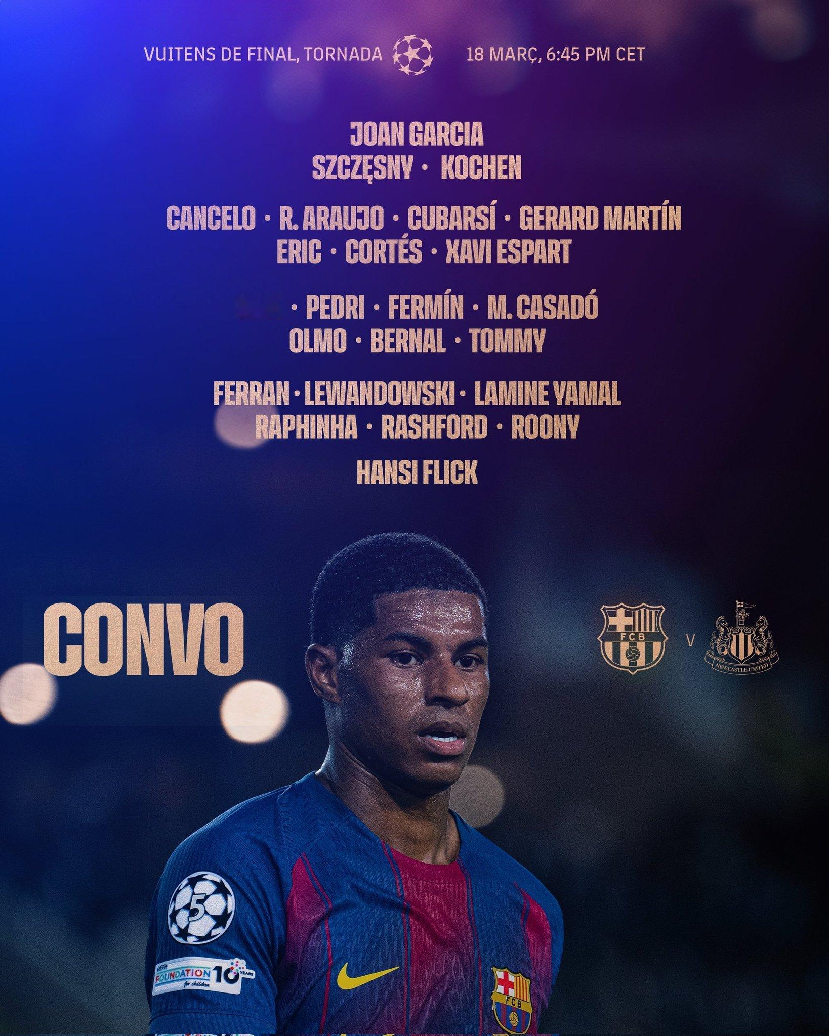 巴萨对阵纽卡斯尔联大名单🔥🔥🔥🔥🔥🔥🔥❤️💙巴萨vs纽卡斯尔联欧