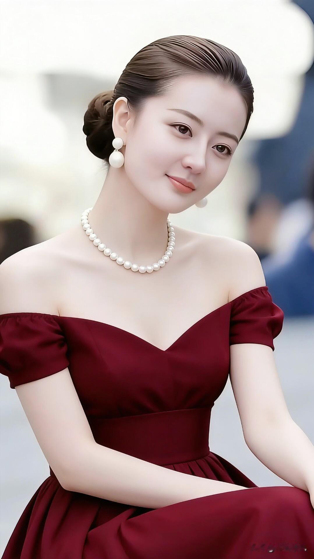 优雅红裙，珍珠闪耀，气质女神！