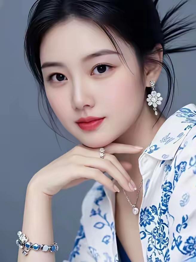 优雅蓝花少女，精致珠宝配饰，清新自然妆容，甜美动人。