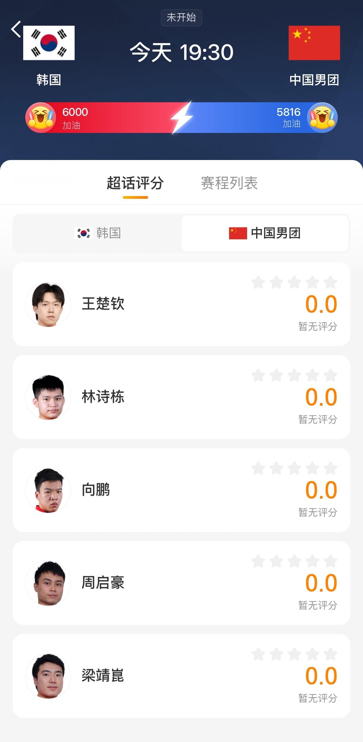 乒乓球中国男团vs韩国比赛将于晚上19:30开始，欢迎大家进入乒乓球超话「超话评