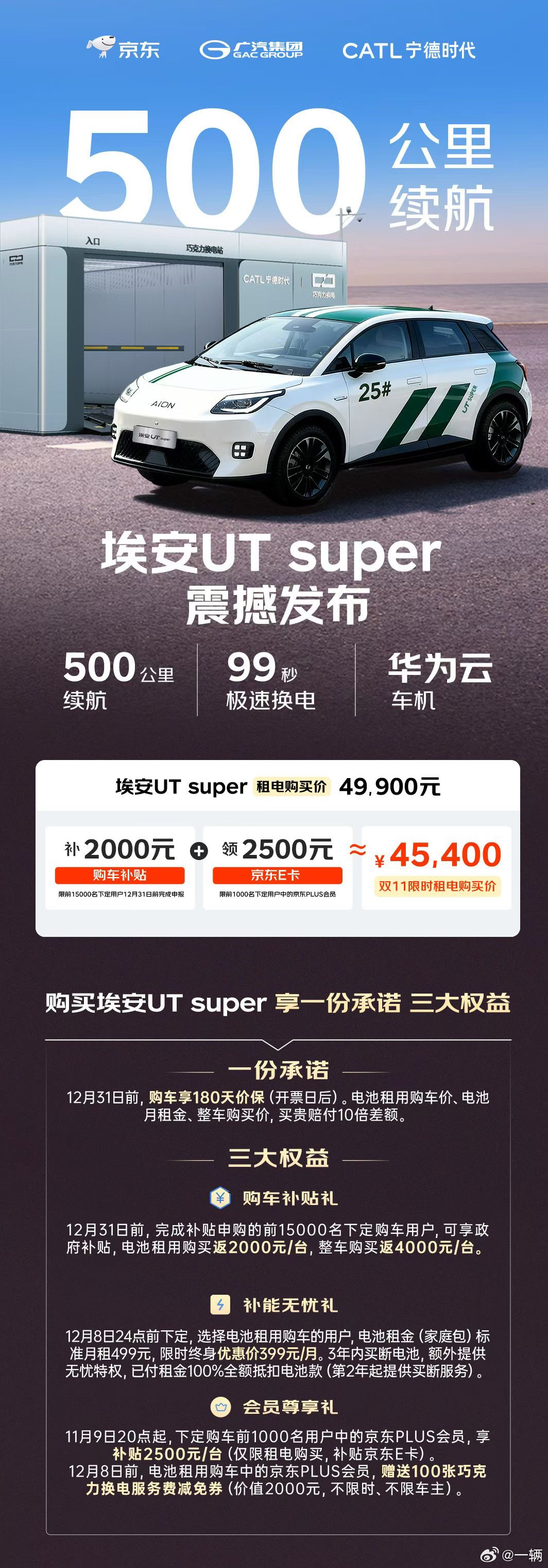 埃安UT super租电方案价格出炉车价不到5万，电池月租400这价格有点出乎意