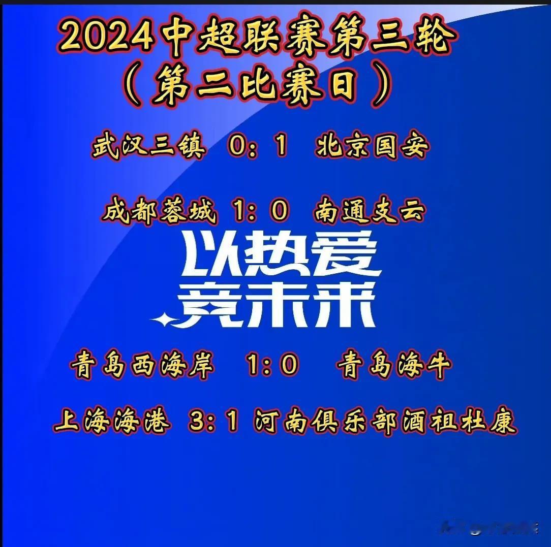 2024年中超联赛第三轮（第二比赛日）已赛4场。
北京国安、成都蓉城、青岛西海岸