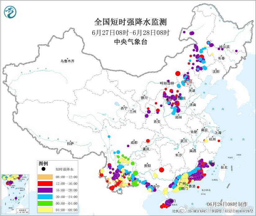【强降雨和强对流】昨天到今晨，降雨和对流主要出现在华北西南华南。内蒙古河北山西陕