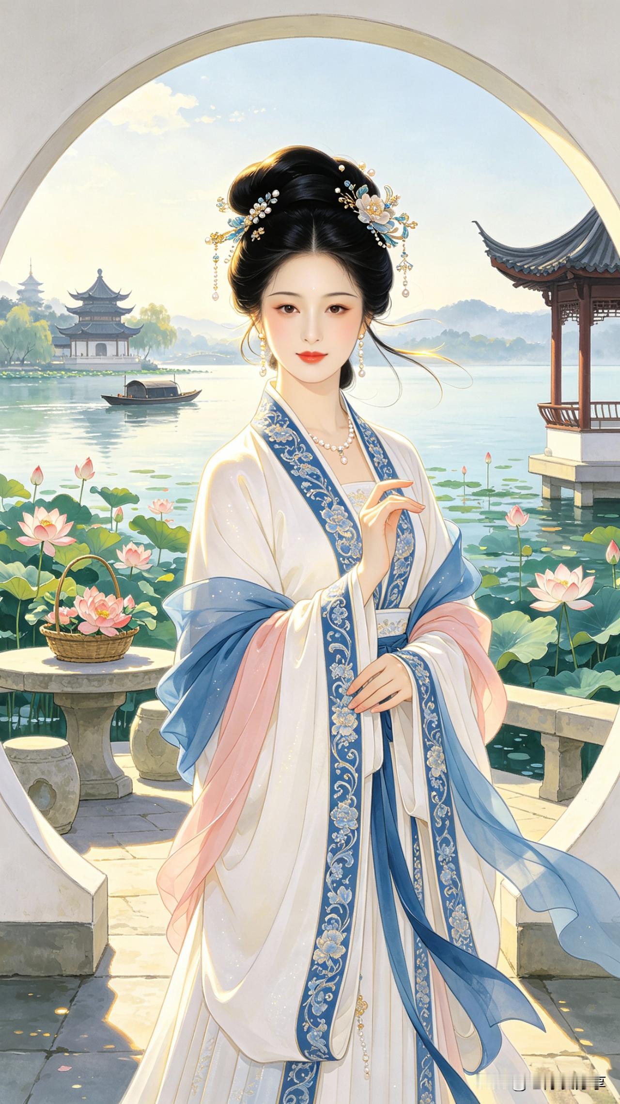 鹧鸪天·荷塘佳人

圆月门开映碧空，
湖光山色画图中。
粉荷擎雨香风远，
画舫凌