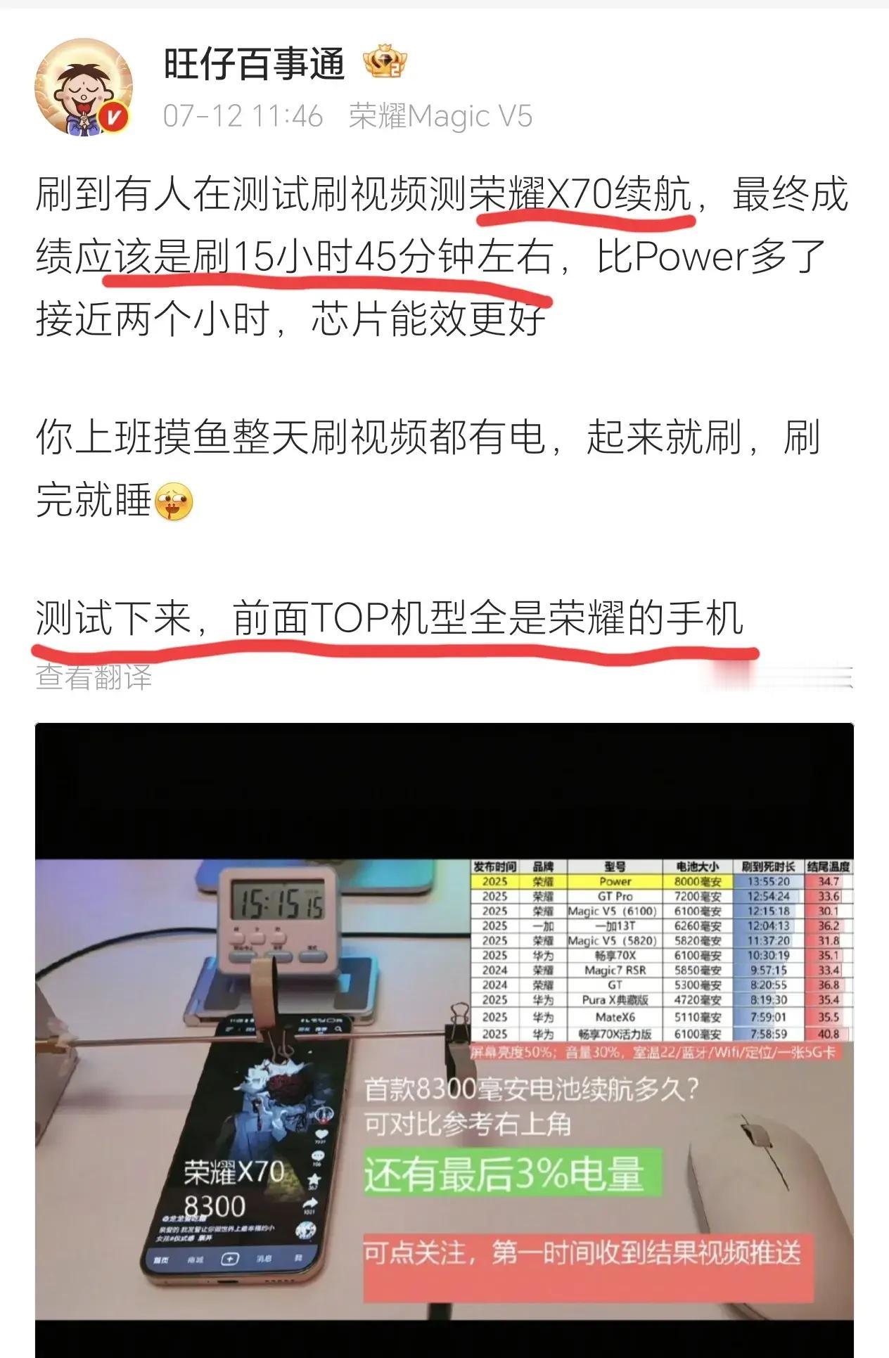 手机品牌在续航没有一个比他能打。最后，只能自个超越自我。

近日，数码大V旺仔百