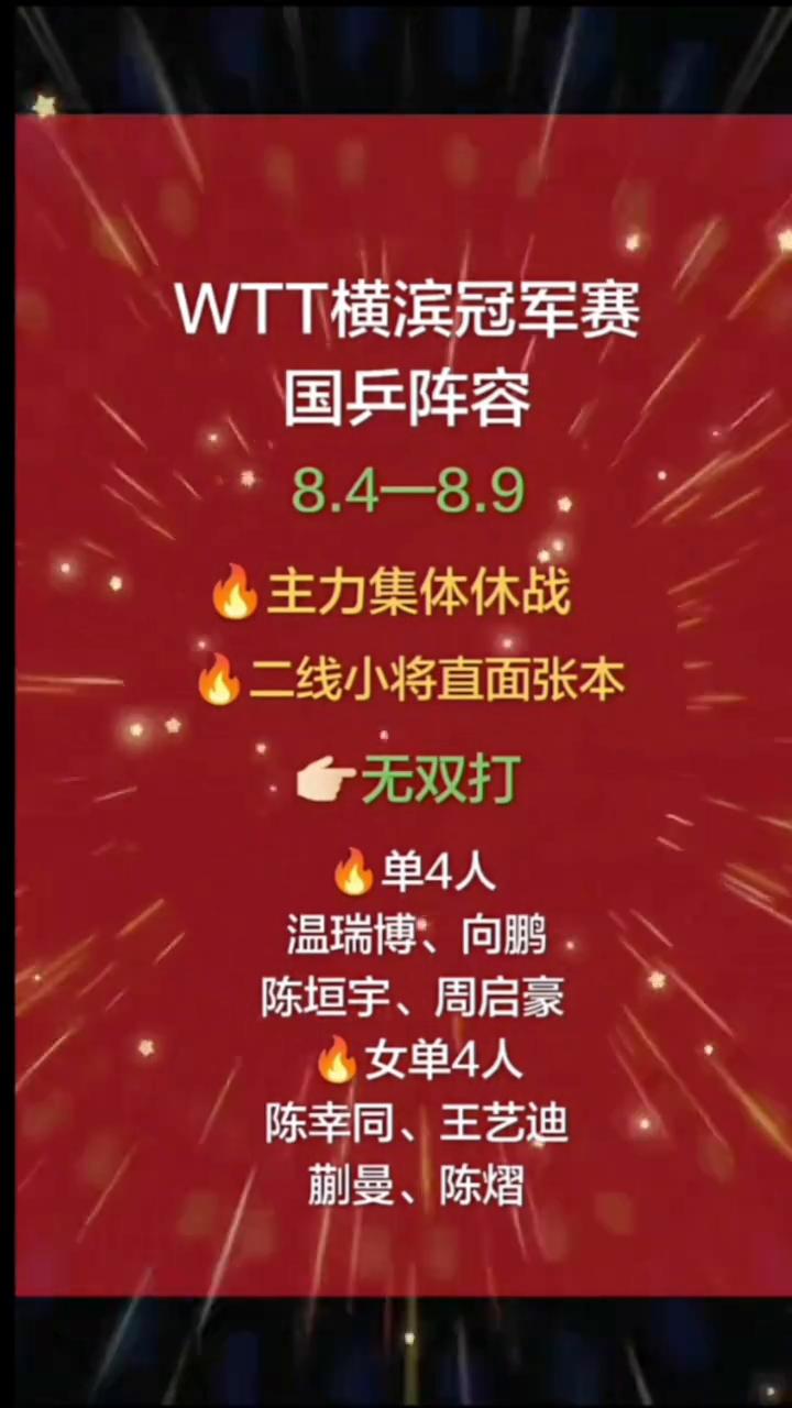 WTT横滨冠军赛国乒阵容：8.4-8.9，主力集体休战，二线小将直面张本。
无双