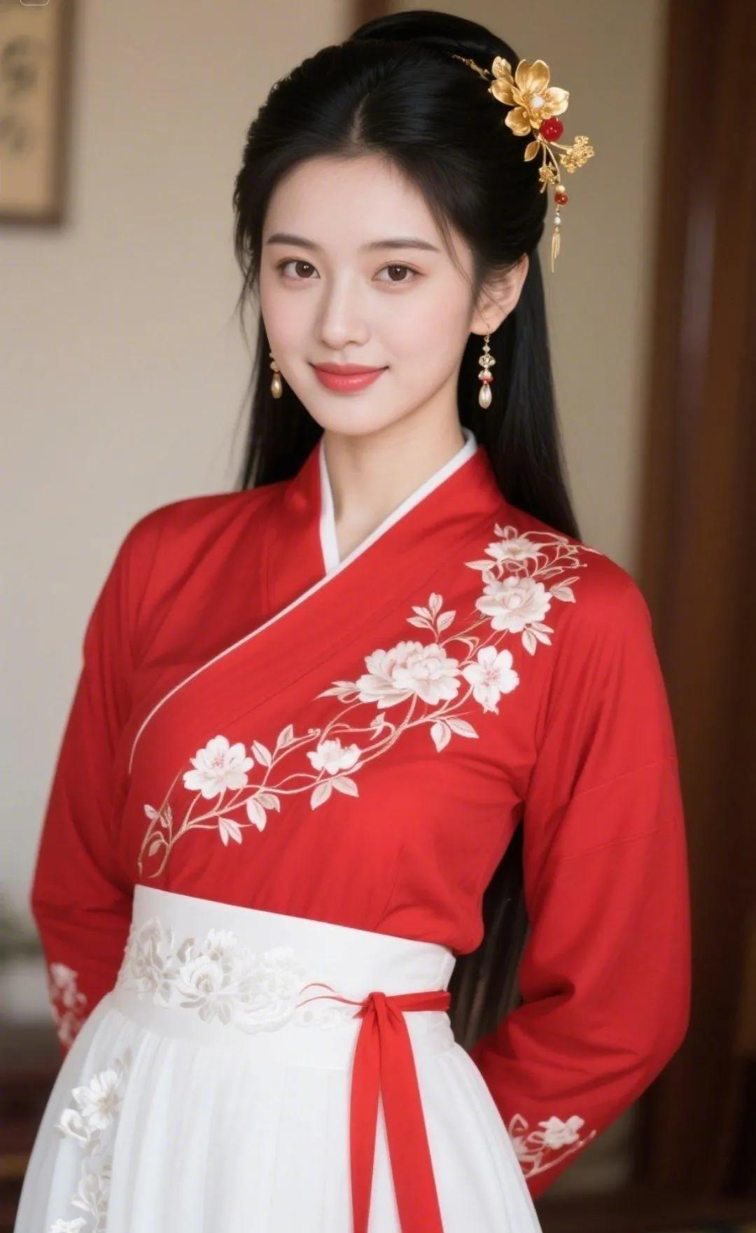 这位小姐姐穿着红色的汉服，看起来好漂亮！