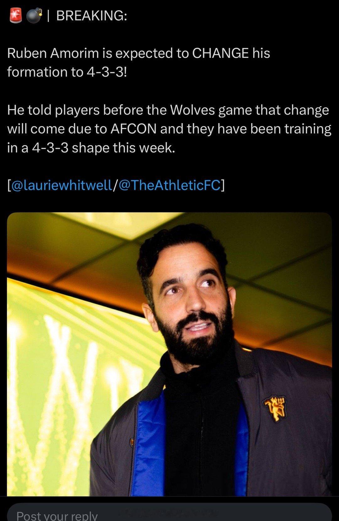 受非洲杯影响，阿莫林将会根据现有球员变换阵型为433懂球帝来____ 